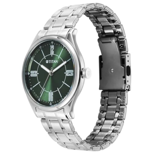 Image of Titan Plain 3 Hands Classique Green Round Dial Black Colour Stainless Steel Strap Mens Watch - 10024SM01