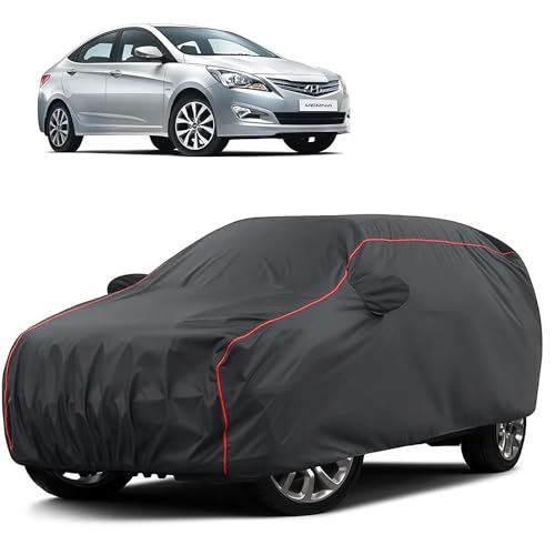 Image of Sulfar 100% Water Resistant Car Body Cover Compatible with Mirror for Hyundai Fluidic Verna 4S (Triple Stitched, Full Bottom Elastic, Dark Grey Taffeta with Red Piping)