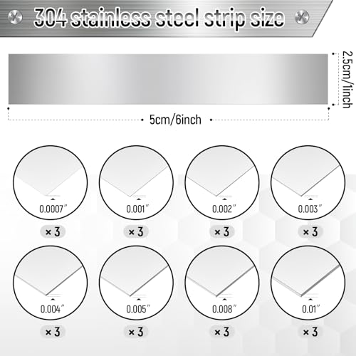 Image of Amylove 24 Pcs 304 Stainless Steel Strips Shim Stock Metal Shims 1 inch Width x 6 inch Length Assortment 8 Thickness Sizes Thin Metal Sheet for Kitchen Trim Gap Filler Tools Home Improvement