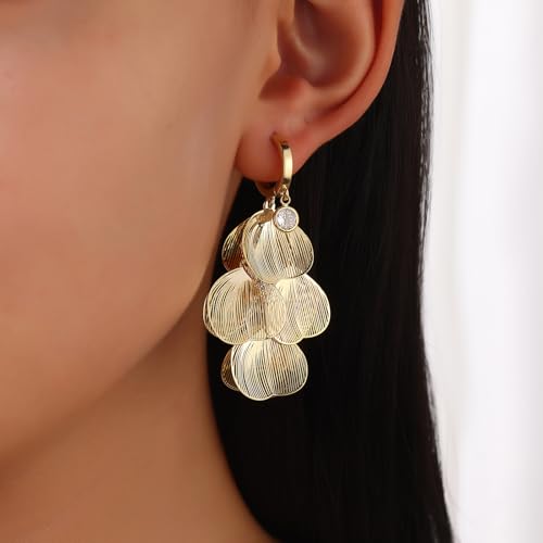 Boho Flower Layered Floral Leaf Drop Dangle Earring For Women,Metal CZ Gold Lightweight Flower Bohemian Gold Petal Exaggerated Jewelry Earrings For Women Brides Party Prom Wedding2