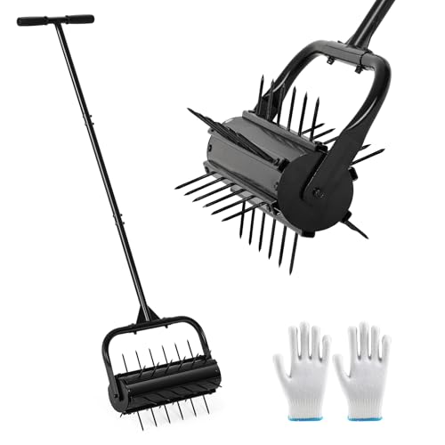 CRUDATE Lawn Aerator, 17'' Grass Rolling Aerators Tool Manual Garden Aerator with Handle Aeration Tool Lawn Steel Nails Aerator Machine with Sandbag, Patio Soil Roller Air Aerator Tool for Yard
