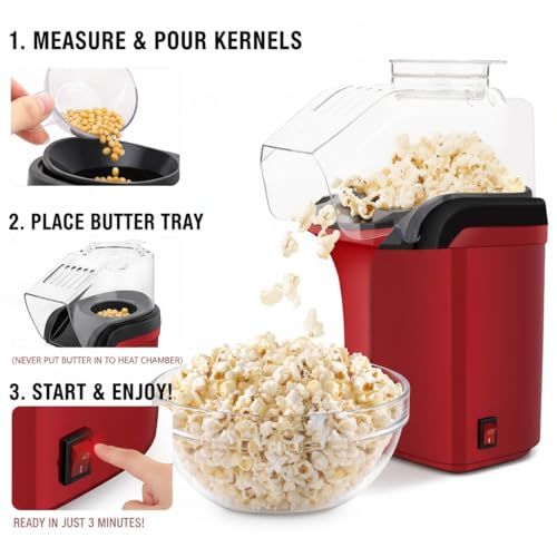 Image of Popcorn Machine: Hot Air Pop Popcorn Maker Makes Up to 8 Cups for Home Party Movie Nights, Red