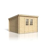 Woodtex Holz Gartenhaus Blockbohlenhaus Houston | Wandstärke 28 mm | Naturbelassen | B x T x H: 310 x 298 x 226 cm | Doppeltür Mit Echtglas (298 x 309 x 203 cm)