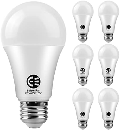 E EDISONPAR A19 6-Pack LED Light Bulbs, E26 Base 75W Equivalent 1000lumens 4000K Neutral Daylight, Cool White (CWF), Non-Dimmable 9W 15000Hrs Indoor UL, Pack of 6 Count