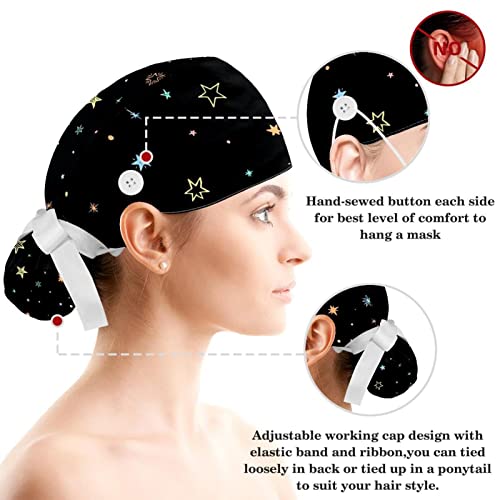 Image of Women's Working Caps Bouffant Surgical Cap with Bow Scrunchies Little Daisy Art Paint Ponytail Holder Tie Back Scrub Hat