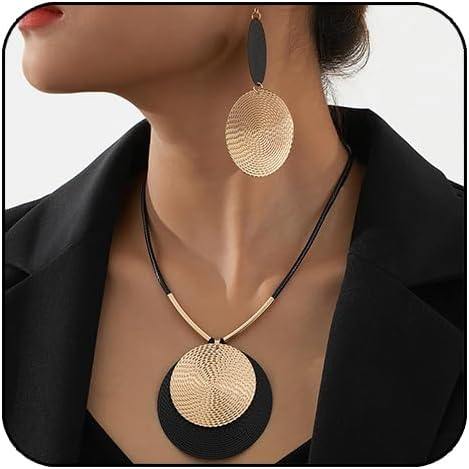 YOOESTORES82 Gold Disc Pendant Necklace Earrings Set Leather Cord Black Circle Statement Necklaces Geometric Textured Medallion Jewelry For Women Party Fashion