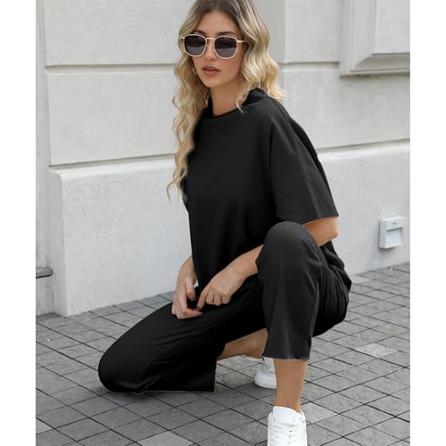 Image of SeeLuNa Women's Two Piece Outfits 3 /4 Batwing Sleeve Capelet Crew Neck Pullover Top Wide Leg Pants Lounge Set