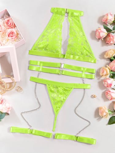 Image of Foxiny Sexy Halter Heart Ring Cutout Chain Floral Lace Sheer Garter Belt Lingerie Set 3 Piece