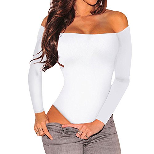 Women's Sexy Off Shoulder Long Sleeve Bodycon Bodysuit Leotard Jumpsuit Tops (X-Large, White)