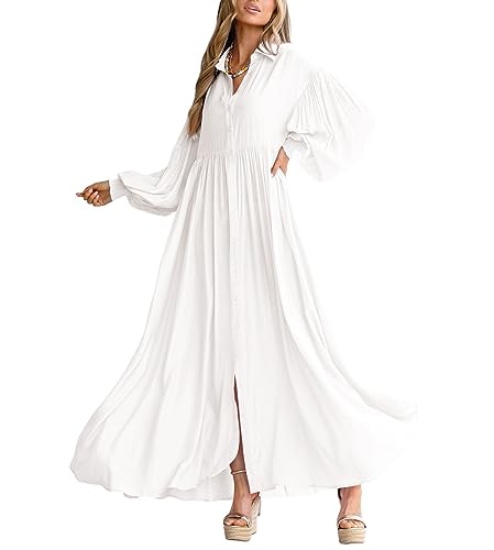 Image of chouyatou Women's Casual Long Sleeve Button Down Shirt Dress Elegant Pleated Flowy Swing Maxi Dress