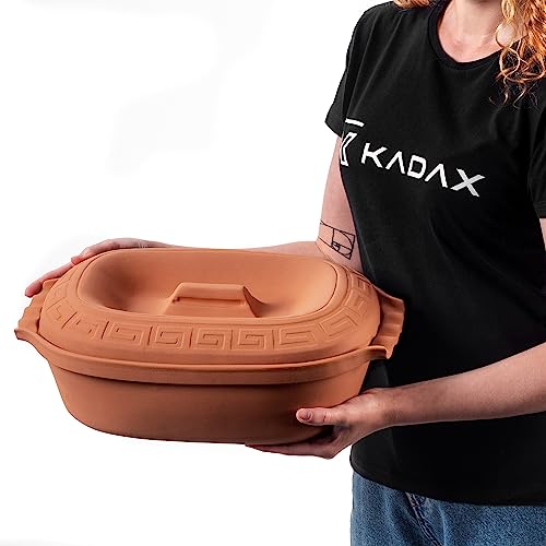KADAX 5 Litre Oval Ceramic Casserole Pot with Lid and Side Handles, Steam Cooker from Natural Materials, Casserole Dish for Fat-Free Cooking, Roasting Pot
