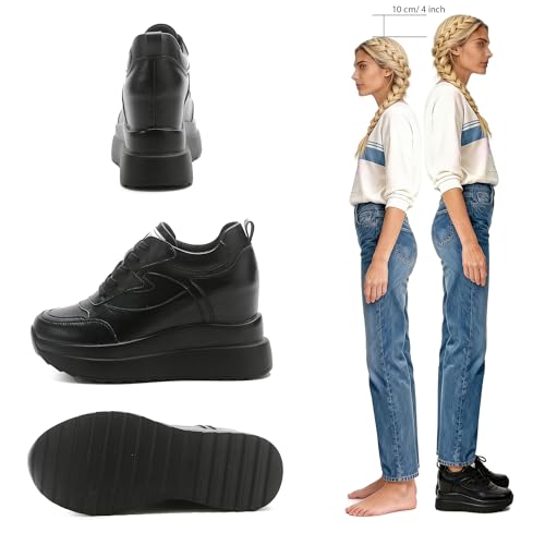 Image of AONEGOLD Platform Sneakers High Hidden Heel Sneakers for Women Wedge Leather Upper Fashion Lace up Increasing 3.94 inch