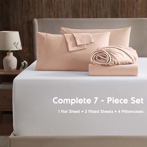 Image of Nestl Extra Deep Split King Sheet Set - 7 Piece Breathable & Cooling Sheets - Hotel Luxury Bedding Set w /18-24 Inch Deep Pockets - Easy & Secure Fit - Super Soft, Wrinkle Free & Comfy - Peach Beige