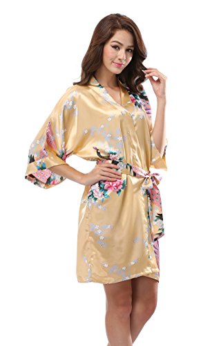 Luvrobes Women's Satin Kimono Robe, Peacock Design, Short (M, Gold)