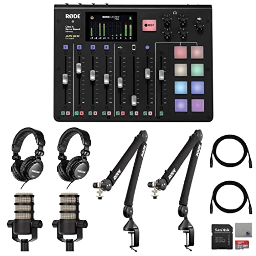 Rode RODECaster Pro with 2x Rode PSA1+ Microphone Boomarms, 2x Rode PodMic Dynamic Podcasting Microphone, 2x TH-02 Studio Grade Headphones, 32GB microSD Card, XLR Cables and StreamEye Polishing Cloth