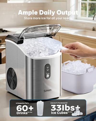 Image of Silonn Nugget Ice Maker Countertop, Pellet Ice Machine with Self-Cleaning Function, Sonic Ice Maker Produces 33lbs of Chewable Ice in 24 Hours, Ideal for Home Kitchen and Office (Stainless Steel-17T)