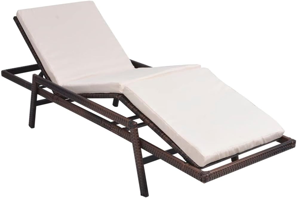 Sun Lounger with Cushion,Outdoor Lounge Chairs,Garden Sunlounger,Sunbathing Recliner,Beach Lounge Chair,Outdoor Sofabed,Easy Assembly,for Beach,Patio,Backyard, Poly Rattan Brown