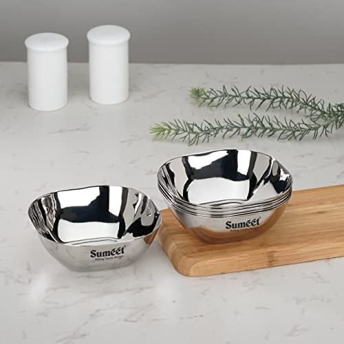 Image of Sumeet Heavy Gauge Stainless Steel Apple Square Bowl /Wati /Katori with Mirror Finish - 11cm Dia, Set of 6pc, 350ML Each - Silver