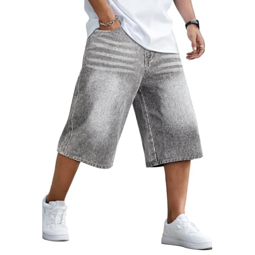 GINGTTO Mens Baggy Jean Shorts Loose Fit Long Denim Shorts Below Knee 15 Inch Inseam Washed Grey 28