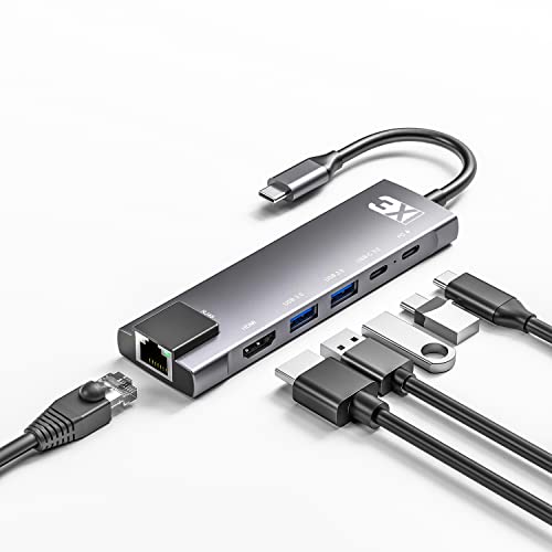 3XI 6 in 1 USB C イーサネット ハブ 4K HDMIポート100W PD USB-Cポート1Gbpsイーサネットポート USB C データ転送ポート 2 USB3.0ポート 搭載 MacBook Pro, MacBook Air, iPad Pro,iPad Air 4,Surface Go用