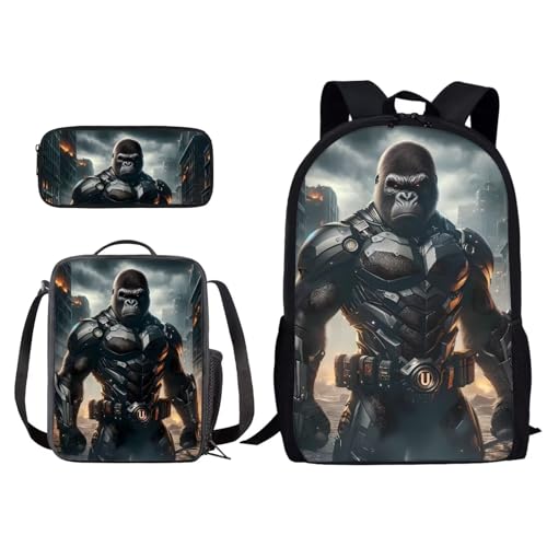 Set zaino e borsa per il pranzo per bambini per la scuola per ragazzi e leggera 3 in 1 Scimpanzé con armatura Taglia unica