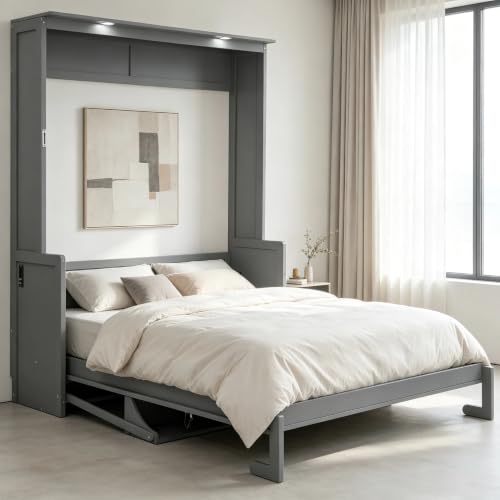 SOFTSEA Queen Size Murphy Bed with Desk, LED Lights, Foldable Wall Bed Frame with Charging Station, Space Saving Vertical Murphy Bed Cabinet for Small Spaces, Grey