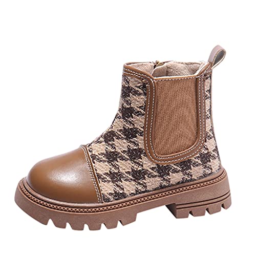 Girls Platform Lug Sole Winter Boots Ankle High Chunky Block Heel Non-Slip Leather Slip on Fashion Outdoor Booties (Khaki, 6-7 Years Little Child)