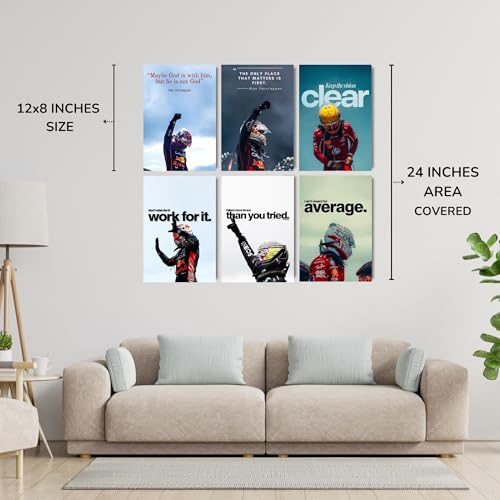 Image of Posters Inc Sports F1 Cars Motivational Posters for Wall A4 Size Aesthetic Setup 300 GSM Matte Paper Pack of 6 Automotive Motorsport Decor for Boys Gaming Room, Bedroom, Home & Office with Adhesive