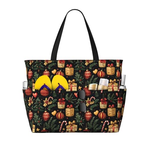Large Beach Bags for Women Sandproof - Christmas Style Print Summer Work Travel Tote Bags with Zipper