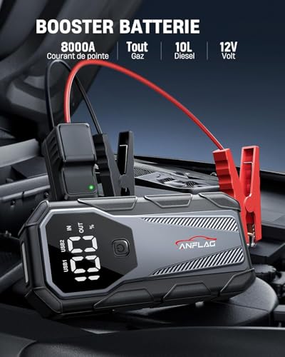 ANFLAG Booster Batterie Voiture, Booster Batterie Moto/Auto (Tout Gaz ou 10,0L Diesel) 12V Demarreur Batterie Voiture avec Écran LCD, Lamp LED, Pinces Intelligentes – vue 2
