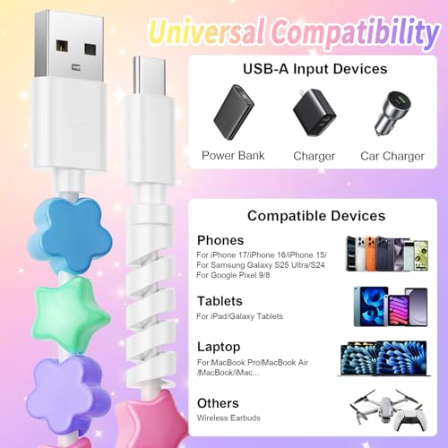 Image of HianDier USB C Cable USB to USB C Charging Cable 3.3FT Cute Flower Star Bead Fast Charger Cord for Girls Women Compatible with iPhone 16 15 Pro Max for Galaxy S25 S24-Candy Colored