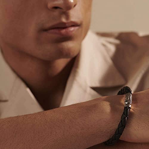 John Hardy Men's Bamboo Silver Bracelet On Black Woven Leather 8Mm, Size M #TOP5