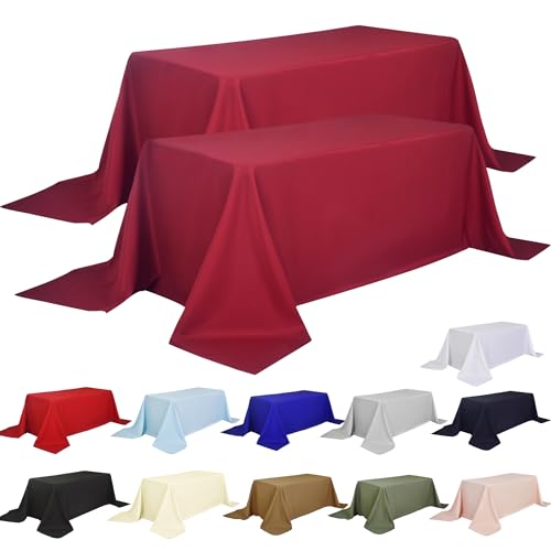 Image of 2-Pack 90x132 inch Burgundy Table Cloths, Solid Stain and Wrinkle Resistant Oblong Tablecloth, Premium Plain Weave Polyester Fabric Rectangle Table Linen Covers for Hotel, Wedding