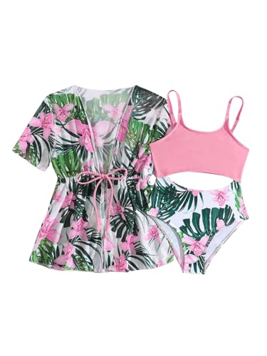 WDIRARA Girl's Tropical Floral Print 2 Piece Swimsuit Cut Out One-Piece Bathing Suit with Cover Up Kimono
