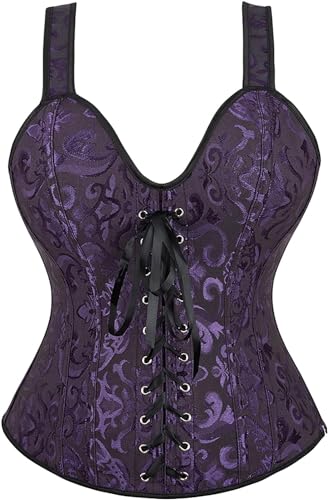 Image of Women's Lace up Gothic Jacquard Shoulder Straps Tank Overbust Shaper Corset Bustiers Top
