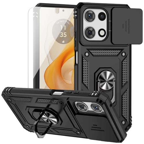 for Moto G 2026 / Moto G 2025 Case, Moto G Play 2026 Case with Camera Lens Cover HD Screen Protector, Dual Layer Military-Grade Drop Tested Magnetic Ring Holder Kickstand Protective Phone Case (Black)