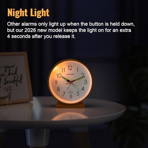 Image of 4.5 Inch Small Silent Analog Alarm Clock, Retro Battery Operated Desk Clock with Night Light Stays On 4 Seconds Vintage Metal Table Clock for Bedside, Nightstand, Bedroom, Office, Bathroom - Orange