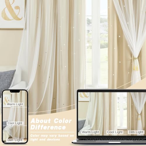 XiDi Beige Blackout Curtains for Bedroom 72 Inchs Long Room Darkening Double Layer Curtains Star Cut Out Design Grommet Drapes with Tiebacks for Girls Kids Living Room, 52 x 72 Inches, Set of 2 by XiDi - Image 7