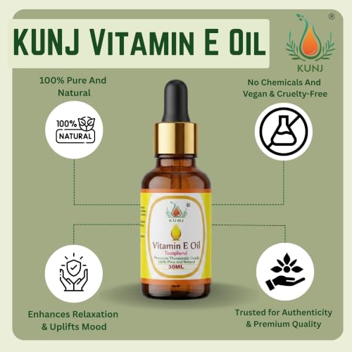 Image of KUNJ Vitamin E Oil 30ml - 100% Pure & Natural, Non-Sticky & Lightweight Therapeutic Grade Oil for Face Serum, Brightening, Anti-Aging, Hair & Nail Care, DIY Beauty Blends