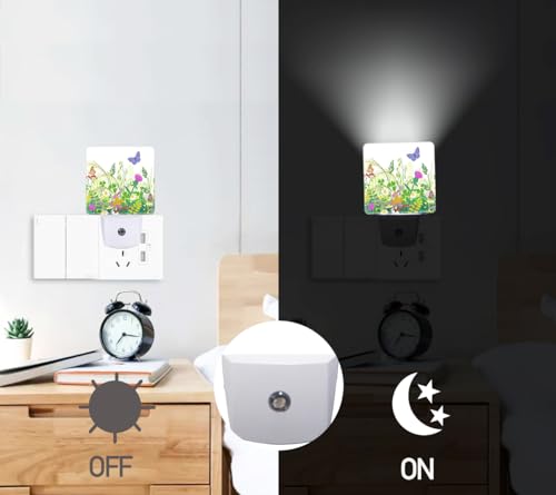 Image of Spring Butterfly Plug-in LED Night Light,Floral Wildflowers Auto Dusk to Dawn Sensor Nightlights Plug into Wall,Flower White Energy Efficient Night light for Bedroom,Bathroom,Kitchen,Stairs,Hallway