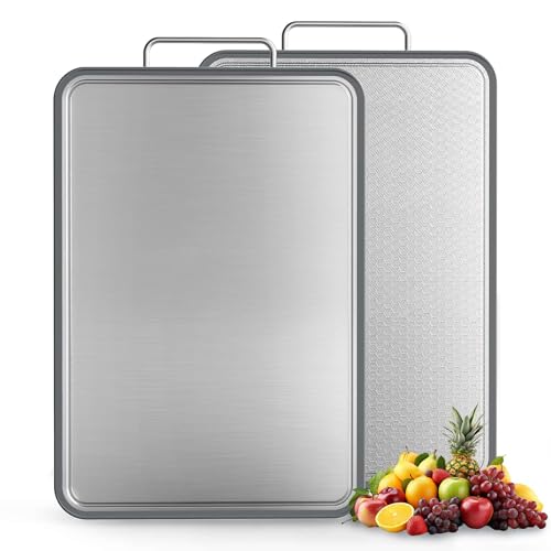 304 Stainless Steel Cutting Board 16''×11'' – Double-Sided Kitchen Chopping Board for Meat, Fruits & Vegetables, Rust-Resistant Steel Cutting Board with Dual Juice Grooves, Easy to Clean