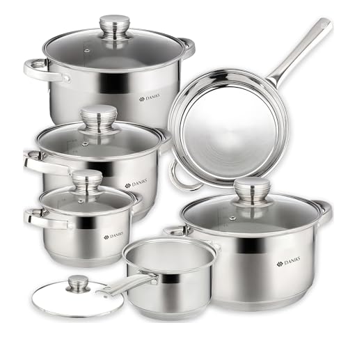 Daniks Standard 11-Piece Stainless Steel Cookware Set with Glass Lids, Includes Saucepan with Lid and Frying Pan, Tri-Ply Bases for Even Heating, Induction Compatible, Dishwasher Safe, Silver
