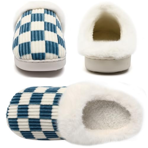 Image of Yueerlu House Slippers for Women Men, Fuzzy Checkered Mens Womens Slippers Warm Memory Foam House Shoes Indoor Outdoor with Faux Fur Lining