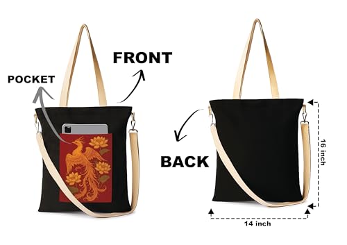 Image of ZORI Black Sling Tote Bag With Pocket and with Beige Straps, Tote Bags For Women large capacity,Tote bag For Shopping, College, Travel, More Canvas Handbag For Unisex