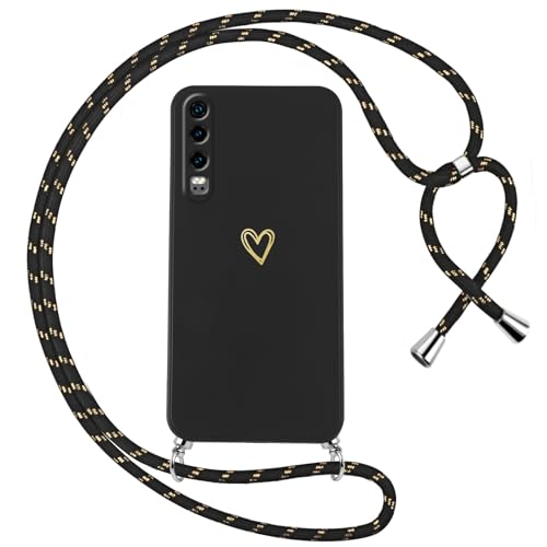 Oelrstfe Cover per Huawei P30 con Cordino,Custodia Silicone Morbido Sottile con Motivo Cuore e Collana Laccio Tracolla,Antiurto Antigraffio Corda Collo Regolabile Protettiva Case,Nero