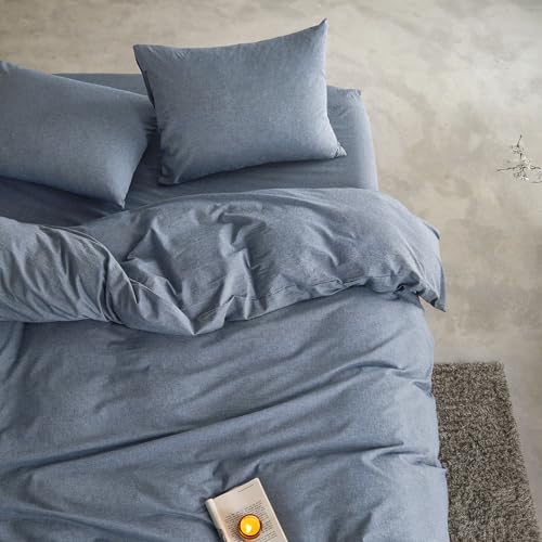 Wake In Cloud - Cotton Duvet Cover Set, King Size, Chambray Denim Blue, 100% Washed Cotton, Linen Like Textured, Breathable Percale Durable Comfy Farmhouse Neutral Bedding Set, 3 Pieces