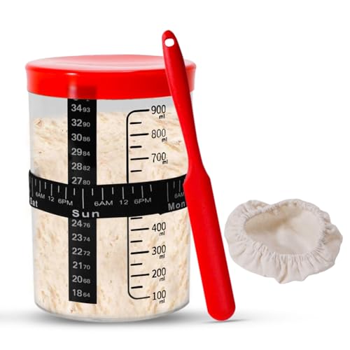 Premium Sourdough Starter Jar Glass - 34 oz Sour Dough Starter Jars, with Spatula, Wide Mouth Jar Cover, Thermometer, Date Marked Feeding Band, sourdough jar for Baker