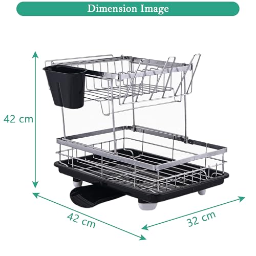 Image of Kuber Industries Stainless Steel 2-Tier Kitchen Dish Drainer Rack with Removable Drain Board | Dishwash Organizer | Utensils Drying Rack with Drainer Tray | Vessel /Bartan Stand for Sink | Black