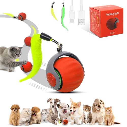 HANIPUPPY Interactive Cat Ball Speedy Tail 3.0 Pet Toy Rolling Ball, Interactive Toys for Indoor Cats, 360° Smart Automatic Dog Kitten Toy Turbo Tail Electronic Bouncing Balls Extra Tails (Red)