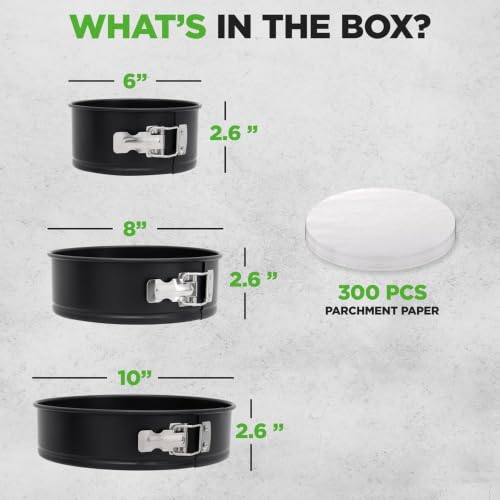 Nutrichef 3-Piece Nonstick Springform Pan Set - Premium Carbon Steel Cheesecake Pans with Stainless Steel Clasp - 6", 8", 10" Sizes, Oven Safe up to 450°F - Includes 300pcs Parchment Paper - Black by NutriChef - Image 4